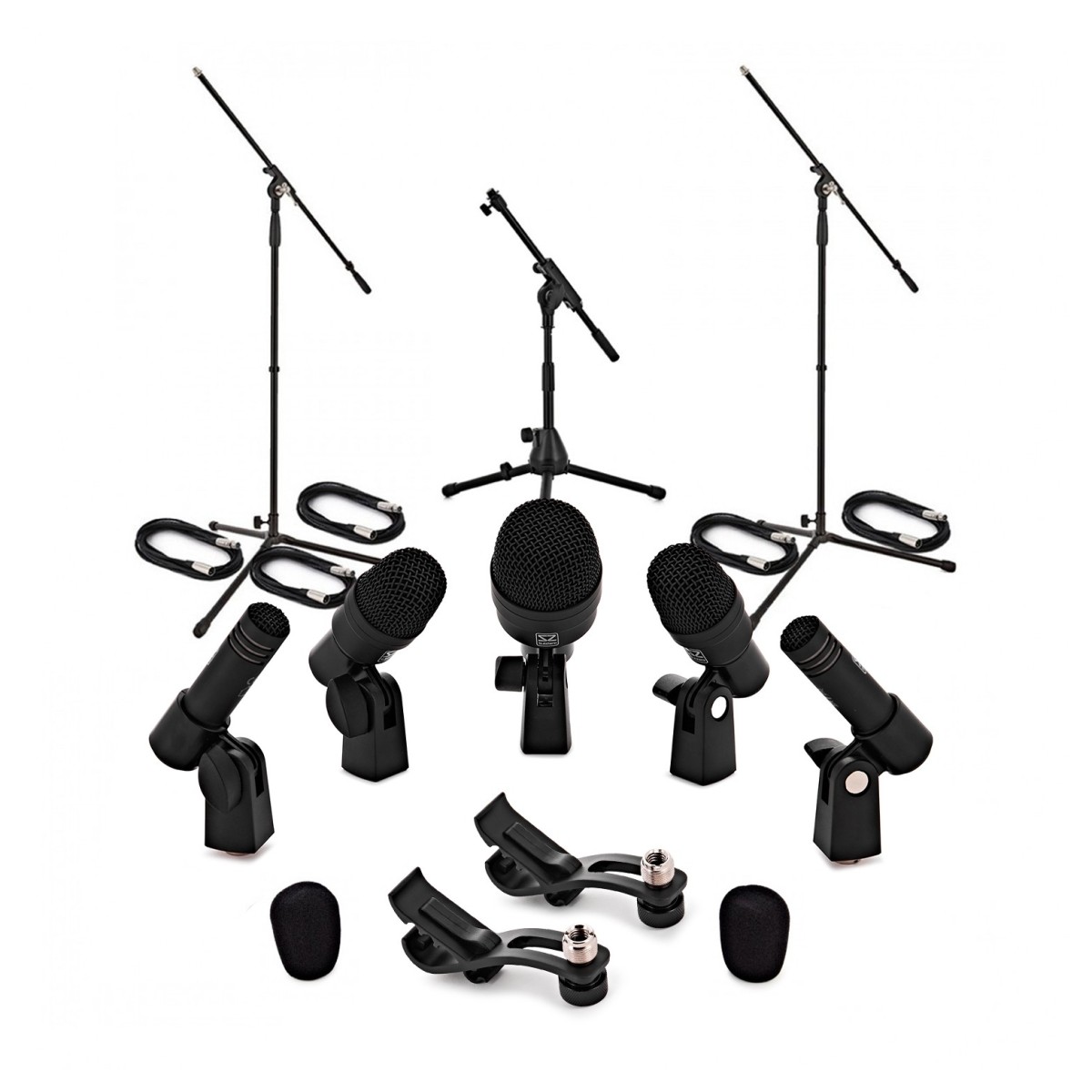 SubZero Complete 5 Piece Drum Microphone Pack with Stands & Cables