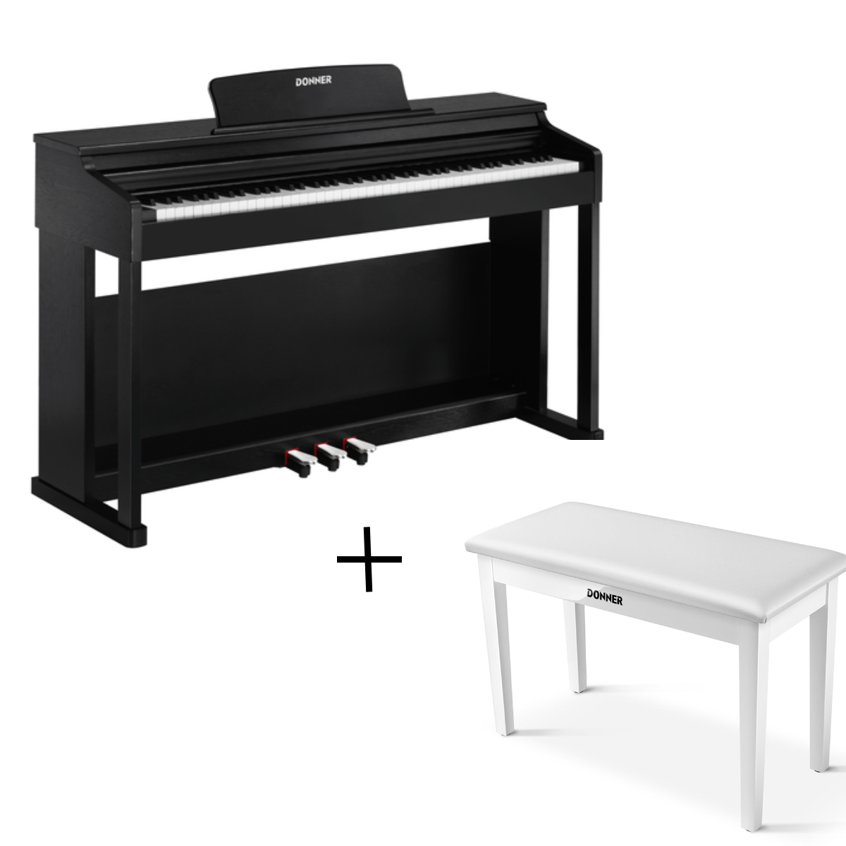 Donner DDP-100 Digital Piano - Black / Piano+White Two-Seater Bench