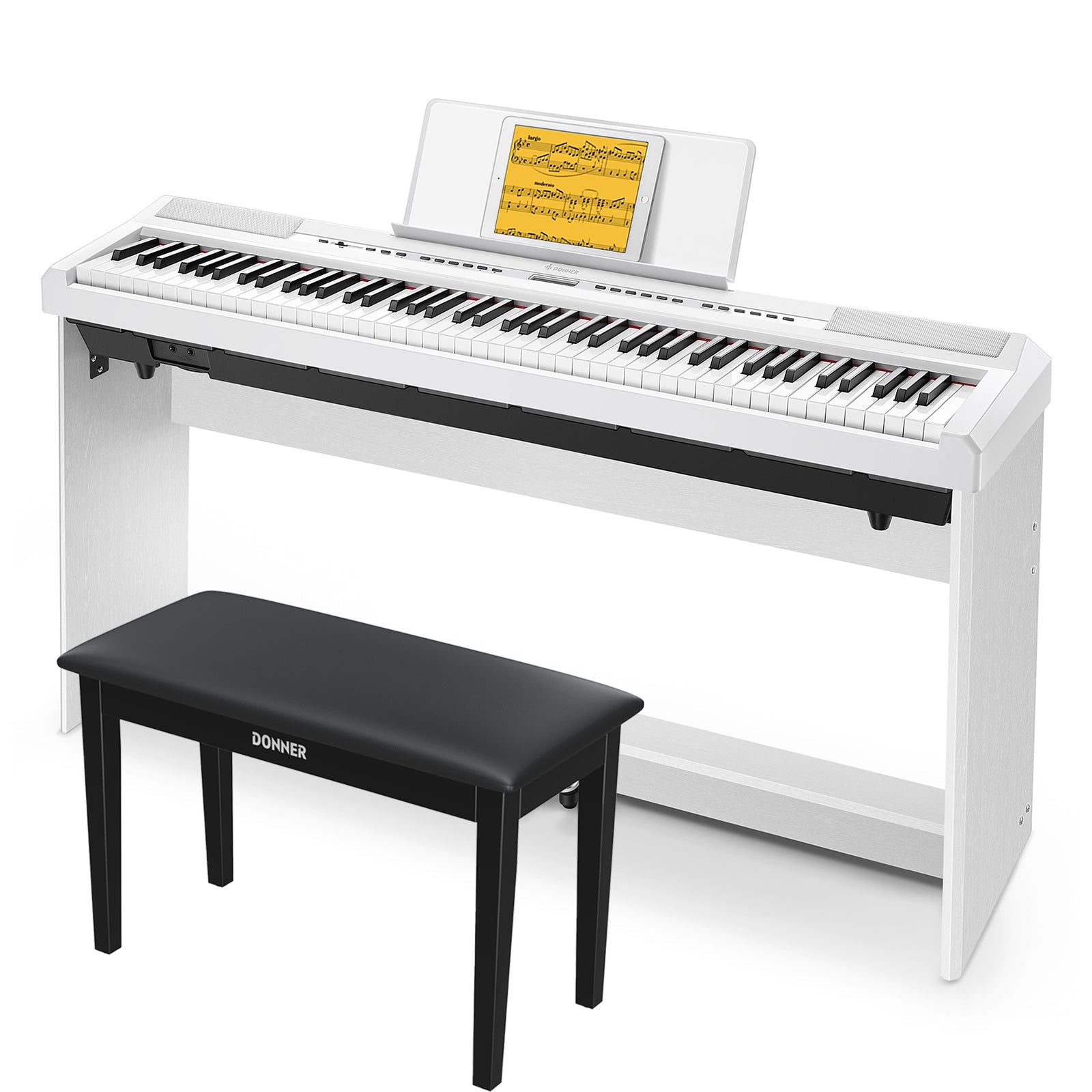 Donner DEP-20 Portable Weighted Digital Piano with Stand - White / Piano + Two-Seater Bench