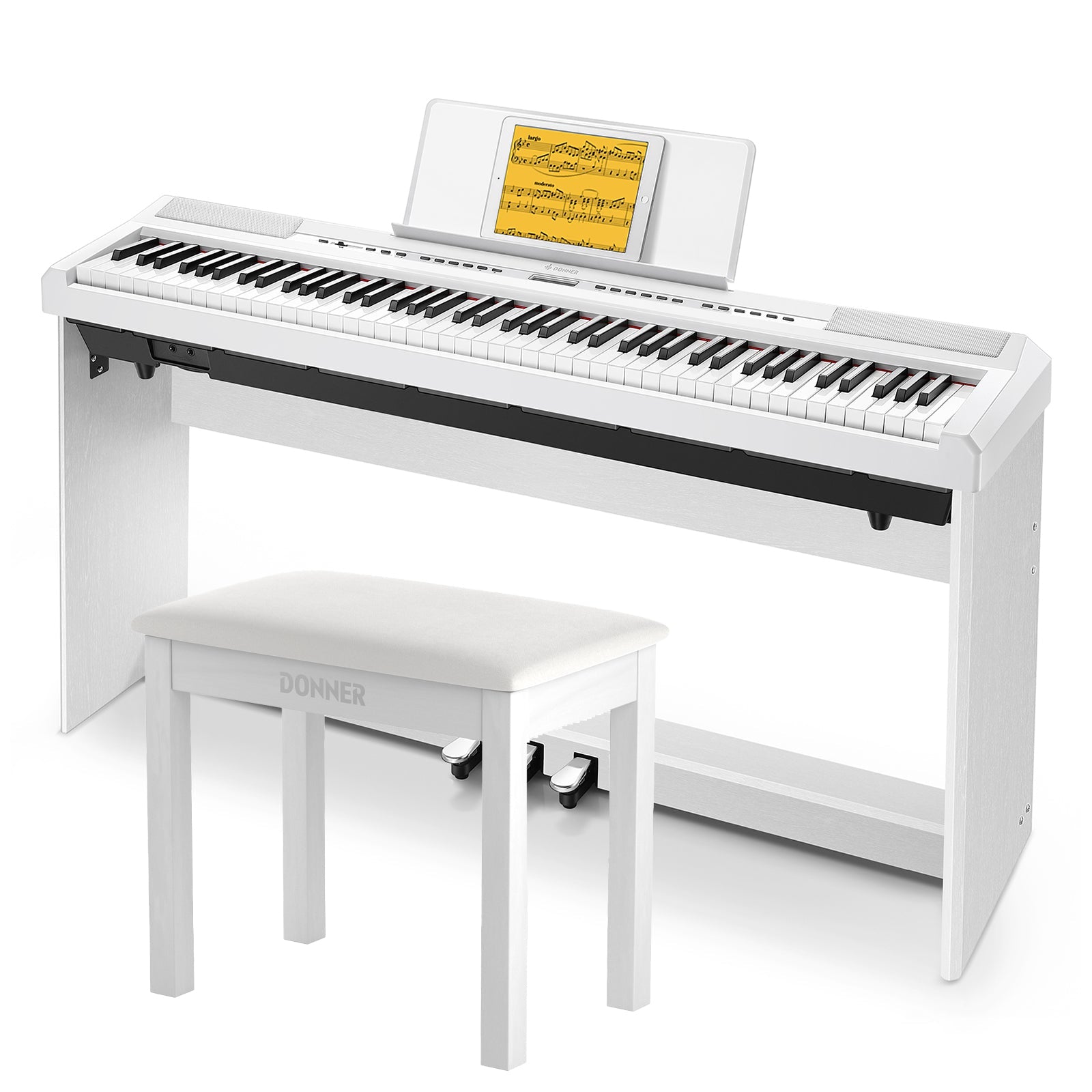 Donner DEP-20 Portable Weighted Digital Piano with Stand - White / Piano + White Bench