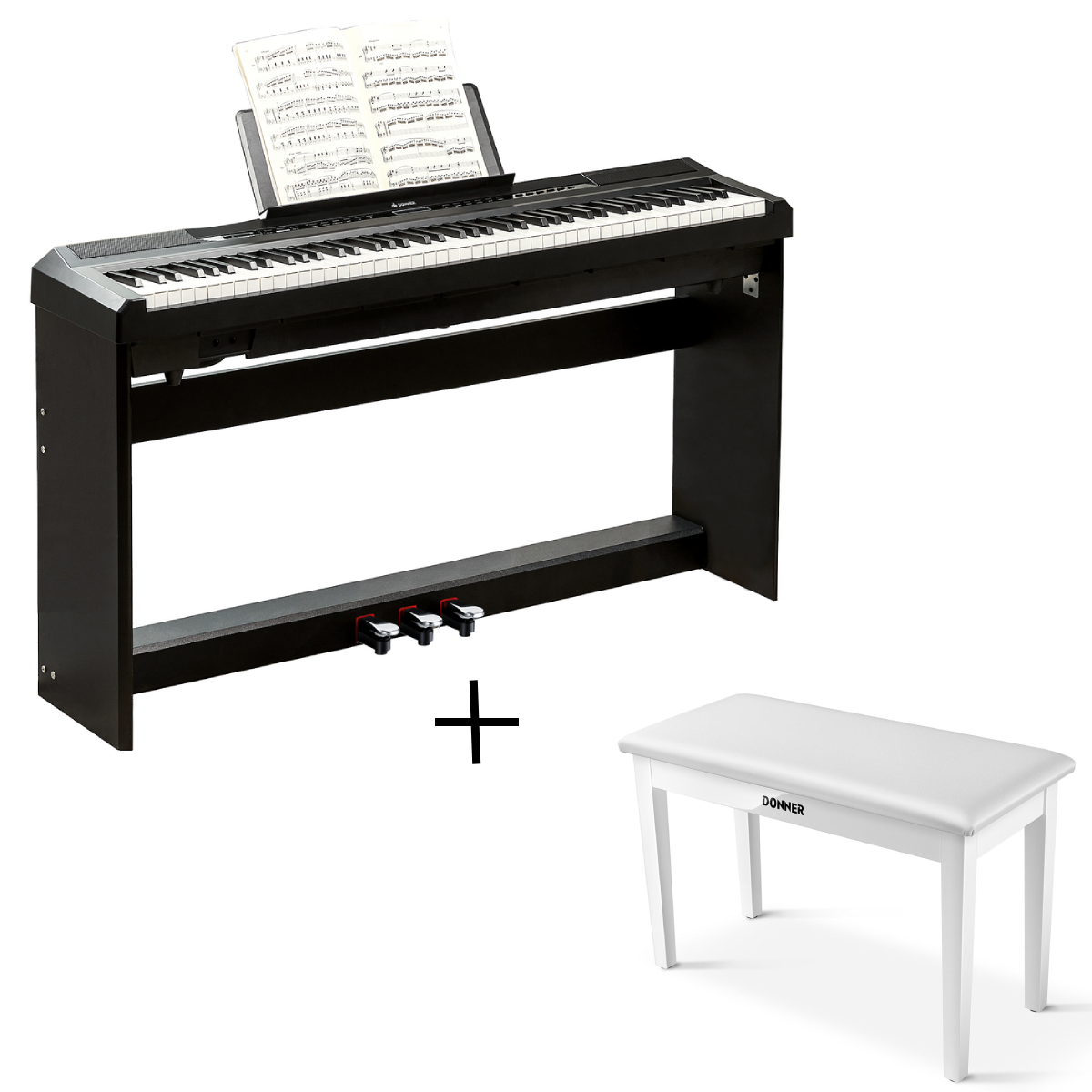 Donner DEP-20 Portable Weighted Digital Piano with Stand - Black / Piano + White Two-Seater Bench