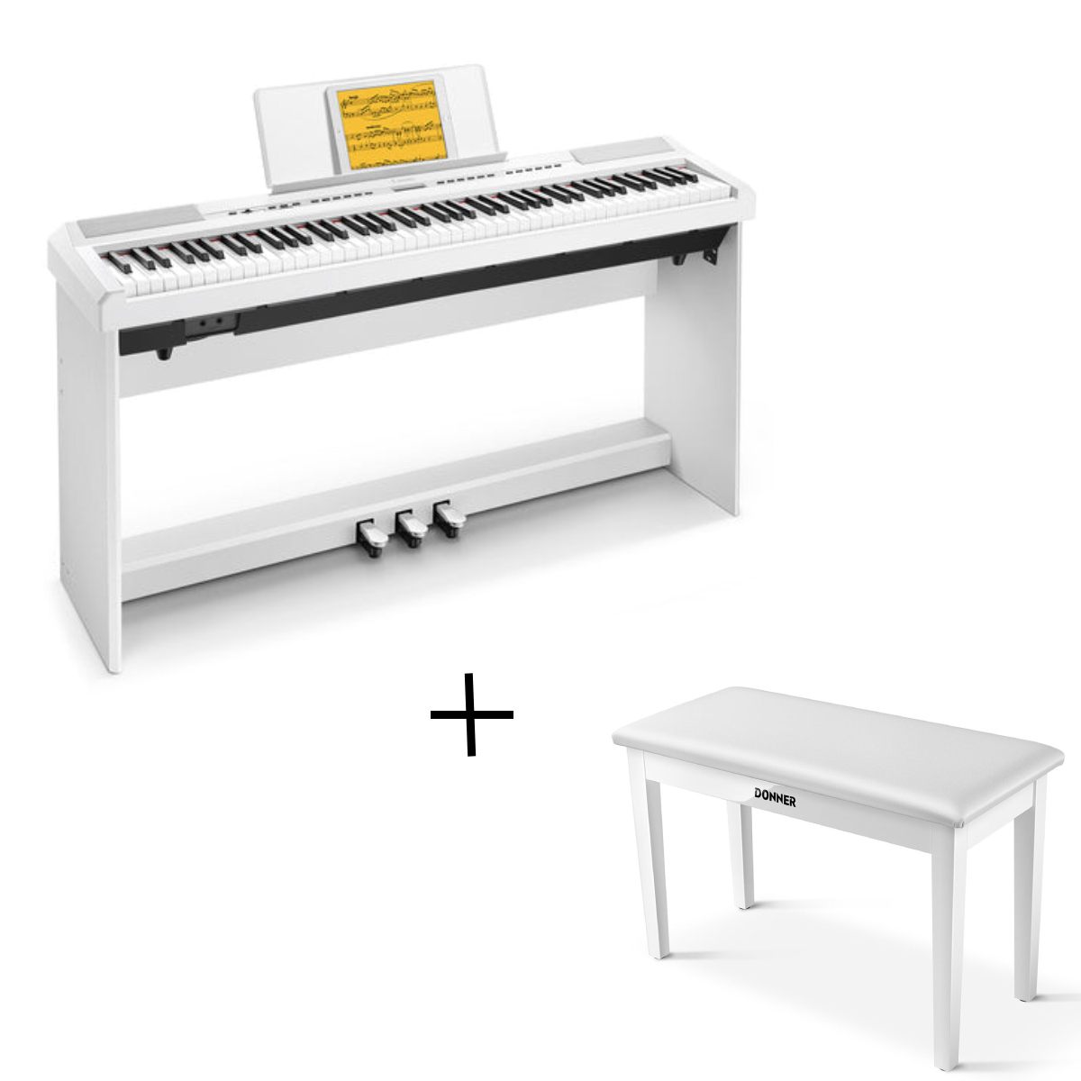 Donner DEP-20 Portable Weighted Digital Piano with Stand - White / Piano + White Two-Seater Bench