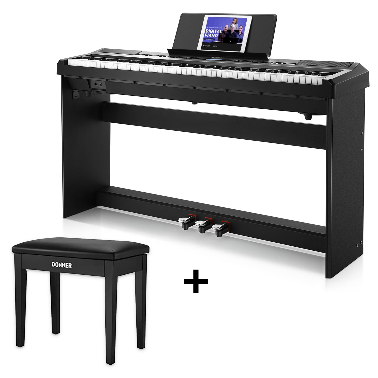 Donner DEP-20 Portable Weighted Digital Piano with Stand - Black / Piano + Black Bench