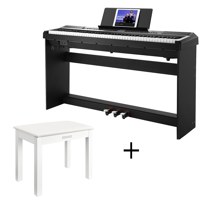 Donner DEP-20 Portable Weighted Digital Piano with Stand - Black / Piano + White Bench