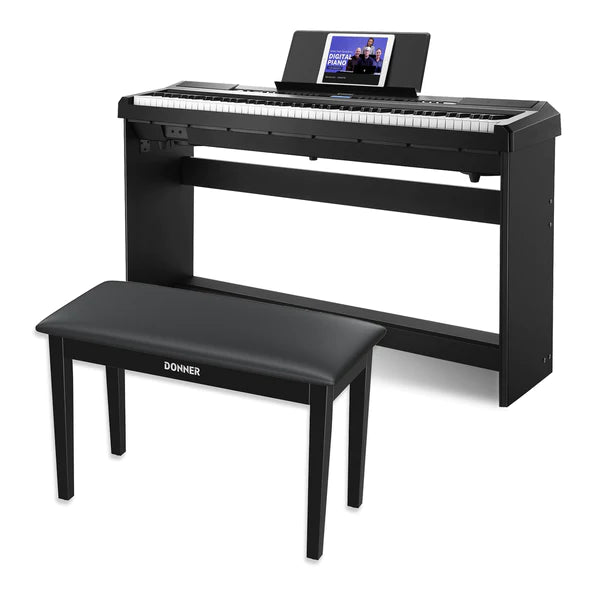 Donner DEP-20 Portable Weighted Digital Piano with Stand - Black / Piano + Two-Seater Bench