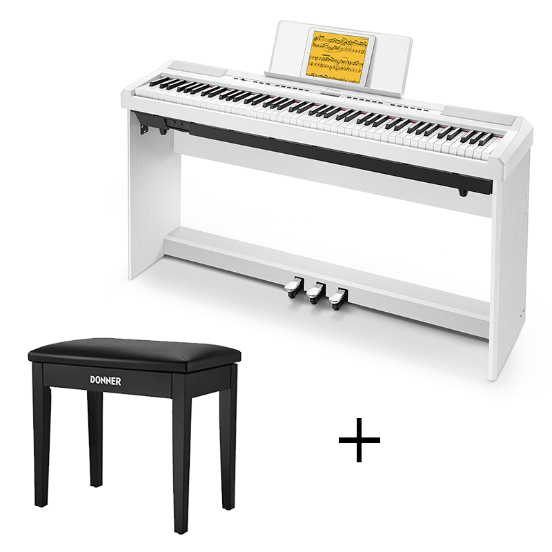 Donner DEP-20 Portable Weighted Digital Piano with Stand - White / Piano + Black Bench