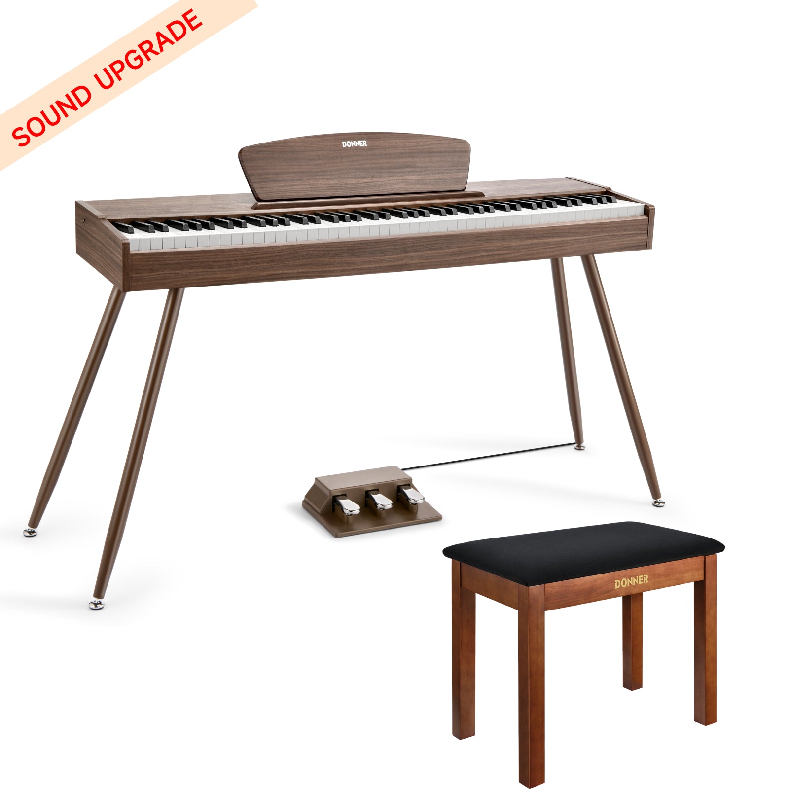 Donner DDP-80 Wooden Style Weighted Digital Piano - Walnut Sound Upgrade / Piano & Brown Bench
