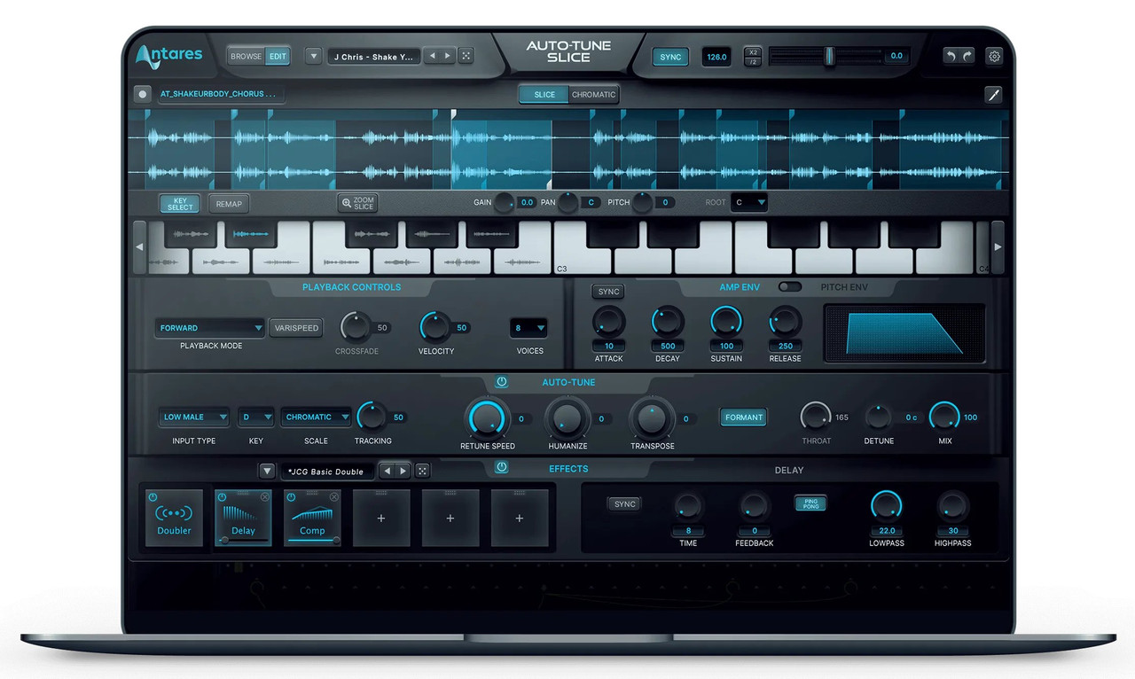 Antares AutoTune Slice 14 onboard FX. Vintage tube saturation, lush Chorus, Ring Mod and Vocal Doubling enable endless